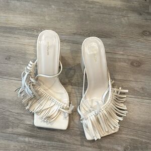 PLT Cream PU Square Toe Fringe Detail Block High Heeled Mules